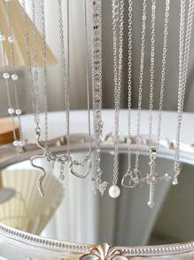 9pcs Fashionable, Elegant, Cute Design Necklace Set Including Butterfly, Heart, Cross, Bow, Snake, Rhinestone, Pearl Elements, Versatile For Holiday, Party, Daily Wear