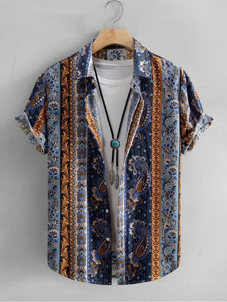 Men's Geometric Print Short Sleeve Casual Shirt, Spring/Summer - Multicolor - View 1