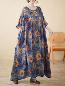 2026春节母亲节优雅日常连体裤、上衣、睡衣内搭、波西米亚休闲度假连衣裙、夏季新款圆领短袖连衣裙、女士大码度假装、沙滩装 - 藍色 - 查看 5