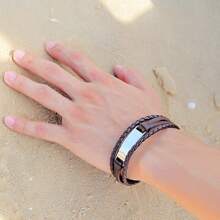 [定制] 1 件多层 PU 皮革和不锈钢男士手链，紫色和黑色朋克编织堆叠手链，个性化男士礼物，适合男朋友、父亲、日常佩戴或礼物 - 彩色 - 查看 8