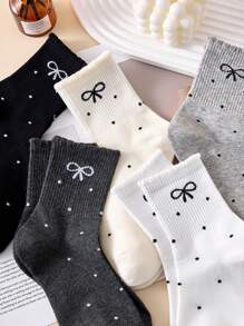 4 双儿童/青少年蝴蝶结蕾丝中筒袜，时尚日常穿着