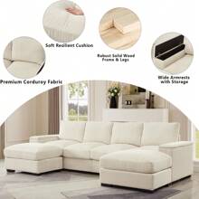 U-Shaped Cloud Couches For Living Room,122" Modular Sectional Cloud Sofas With Deep Seat Removable Ottomans,Modern Corduroy Sleeper Sofa Couch Bed With Storage Arms (Beige/Green/Orange, 122")