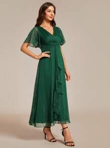 EVERPRETTY Spring Elegant V Neck Ruffle Sleeve Kink Design Dark Green Bridesmaid Dress Wedding Guest Gown For Wedding,St. Patrick's Day - Dark Green - View 4