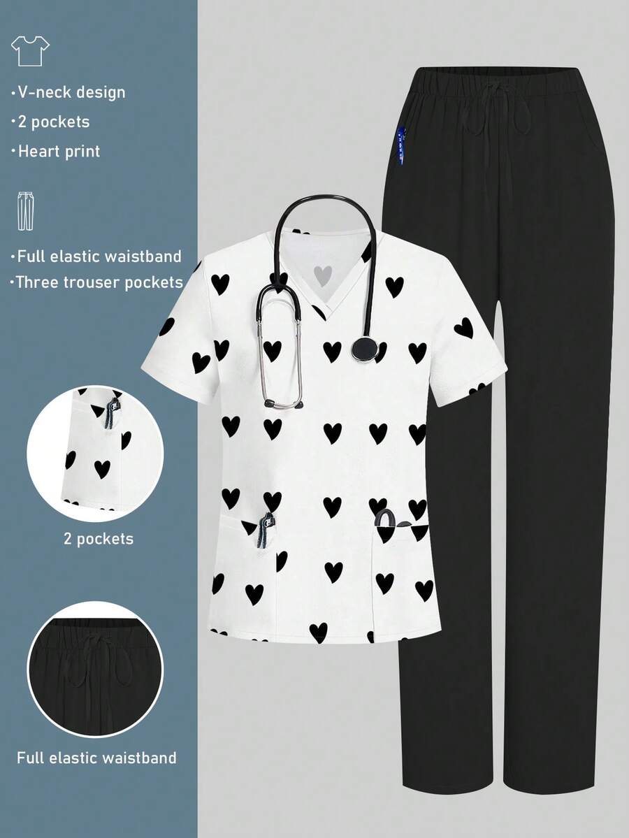 cimmuovere Valentine's Day Heart Print V-Neck Dual Pocket Short Sleeve Breathable Top + Dual Pocket Elastic Waist Loose Solid Color Casual Pants, Scrub Uniforms Nurse Scrub Uniforms Workwear Dentist Healthcare Pet Hospital Laboratory Set - Black and White - View 1