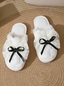 女士可爱蕾丝蝴蝶结拖鞋,舒适轻便室内保暖毛绒便鞋,秋冬 - 黑色 - 查看 3