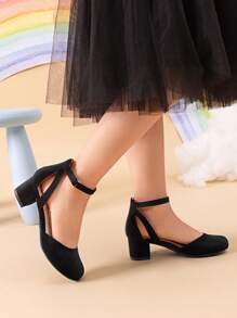 Girls Dress Shoes Closed Toe High Heels Ankle Strap Toddler Little Big Kid Wedding Flower Party Pump - màu đen - Xem 3