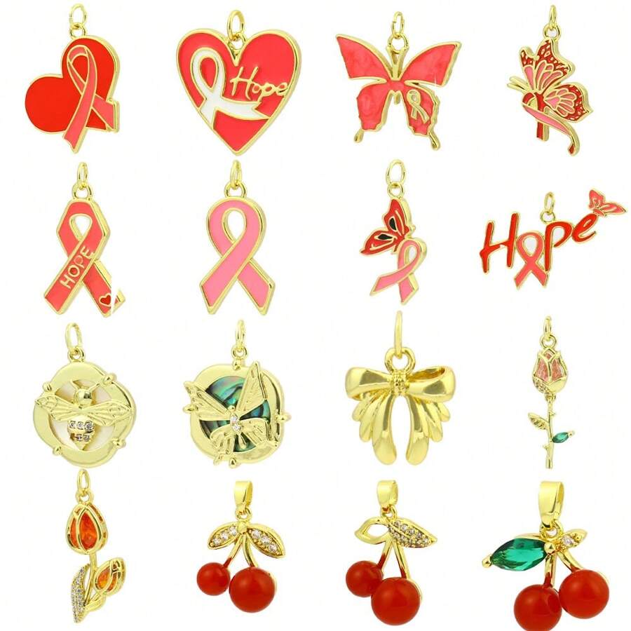 1 件铜制时尚高端淡粉色蝴蝶结水果樱桃吊坠，多用途手链、项链、脚链、耳环、钥匙扣、配饰 - 彩色 - 查看 1