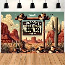 1pc Interesting Wild West Theme 7x5ft Polyester Backdrop - Suitable For Birthday Party Banner Decoration And Photography Props, No Power Needed, Tablecloth, Curtain