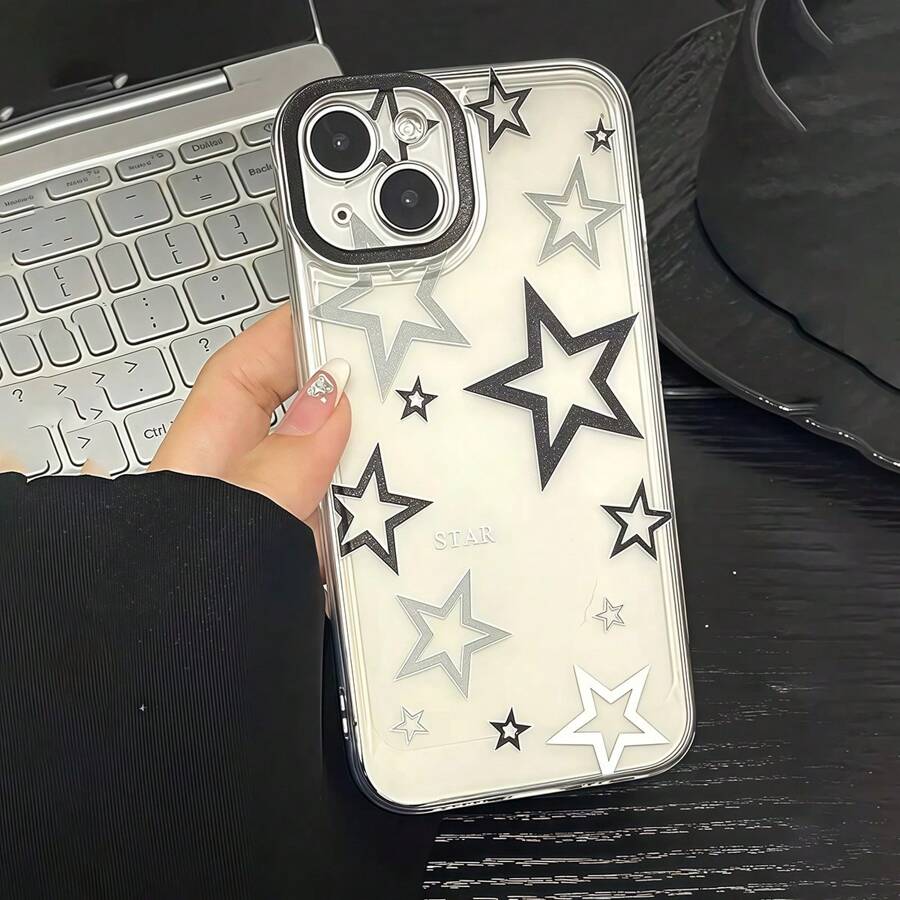 1pc Star & English Text Pattern Transparent Phone Case, Compatible With IPhone 16 Pro Max, 15, 14 Plus, 13, 12, 11, Protective Cover