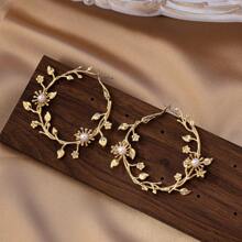 波西米亚风时尚耳环，简约叶子和仿珍珠环状耳环，镀金女士珠宝，适合晚装和休闲装 - 簡約葉花人造珍珠圓環耳環 - 查看 2