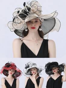 1pc Women Organza Butterfly Church Derby Hat Wide Brim Sun Hats For Wedding Tea Party Fascinator Hat For Women Ladies Elegant Lace Hat - A - View 12
