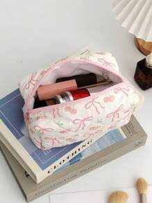 1 件带拉链的蝴蝶结图案化妆包旅行洗漱用品收纳袋洗漱包拉链化妆包大容量绗缝花卉洗漱包心形化妆刷收纳袋柔软蝴蝶结和玫瑰化妆品收纳袋通勤化妆包适用于圣诞节礼物、妈妈礼物、母亲节礼物、伴娘礼物，