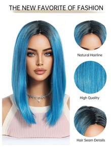 14 英寸合成假发棕色渐变蓝色长直发带刘海合成纤维假发头发替换假发适合女性女孩 - 漸層藍色 - 查看 8