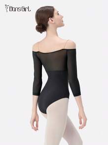 DonsGirl 女式七分袖性感露肩连体衣，撞色网眼拼接芭蕾舞蹈紧身衣，性感甜美女孩瑜伽运动紧身衣表演服