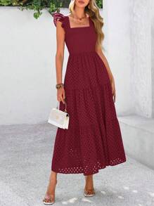 Women's Summer Square Collar Long Dress With Sleeve Cap Hole Eye Ruffles Layered A-Line Casual Vacation Long Skirt With Pockets - Màu Đỏ Sâu - Xem 1
