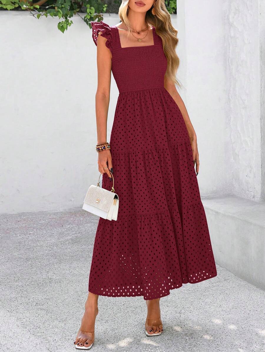 Women's Summer Square Collar Long Dress With Sleeve Cap Hole Eye Ruffles Layered A-Line Casual Vacation Long Skirt With Pockets - Màu Đỏ Sâu - Xem 1