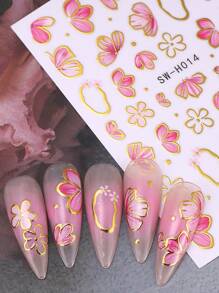 2 piezas Calcomanías de uñas 3D con flor de hibisco rosa dorada, pétalos de flor de corazón rojo degradado, trébol de cuatro hojas, lazo asimétrico y líneas metálicas a rayas estilo Y2K holográfico para decoración de uñas, suministros de arte de uñas