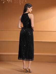 女士立领全亮片串珠无袖正式礼服，派对礼服，婚礼宾客礼服，晚礼服，春假黑色 - 黑色 - 查看 3