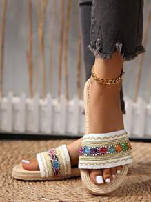 女士平底拖鞋，轻便舒适的假日拖鞋，色彩缤纷的波西米亚风格假日凉鞋，超轻鞋底，轻便平底家居拖鞋，露趾透气静音浴室拖鞋 - 多色-圓頭 - 查看 5