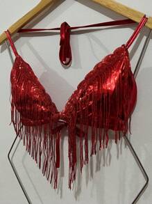 Sexy Metallic Cropped Top With Sequin Fringes With Padding And Backless, V-Neck, Ties At The Back And Neck, Suitable For Holiday Parties, Carnival Fashion, Clubwear, One Size Fits 38-42 - 紅色 - 查看 3
