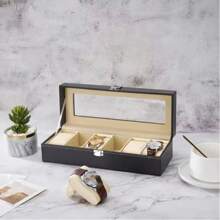 6-Slot PU Leather Watch Box Display Storage Case, Lockable Jewelry Organizer Box With Glass Lid, Large Capacity Watch Holder Drawer For Men And Women (Black) - Multicolor - View 4