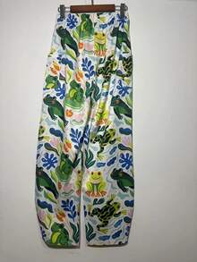 Plus Size Autumn Women's Elastic Waist Cartoon Cat Pocket Wide Leg Loose Casual Pants