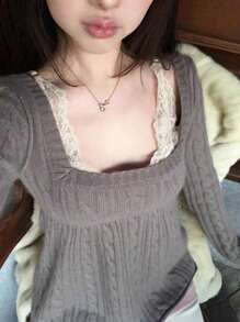 Women Fairy Grunge Loose Babydoll Sweater Cable Knit Flowy Peplum Tops Long Sleeve Square Neck Solid Color Loose Fit T-Shirts Sweaters 90S Harajuku Vintage Streetwear Aesthetic Clothes