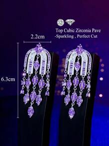 1 Pair Luxury Chandelier Dangle Drop Tassel Purple Cubic Zirconia Pave Long Fringed Wedding Bridal Party Earrings For Women Glamorous Pageant Jewelry Accessories - Purple - View 3