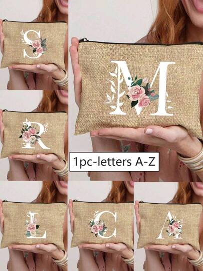 小丑字母 A-Z 花卉印花化妆包，玫瑰字母印花艺术设计，送给女孩的礼物，可爱复古简约字母图案印花收纳袋，化妆包，小物件收纳包，化妆品收纳包，洗漱包，手拿包，零钱包，可折叠轻便收纳包，简约购物袋，教师礼物手拿包，护士/医生/教师收纳包，适合个人旅行化妆品收纳
