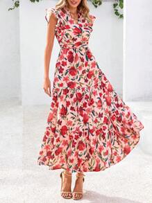 Women's Summer Print Mid-Length Dress With Sleeve Cap V-Neck Ruffled Long Flowing Bohemian Style Casual Beach Vacation Dress And Sundress - 橘粉底紅花 - 查看 5