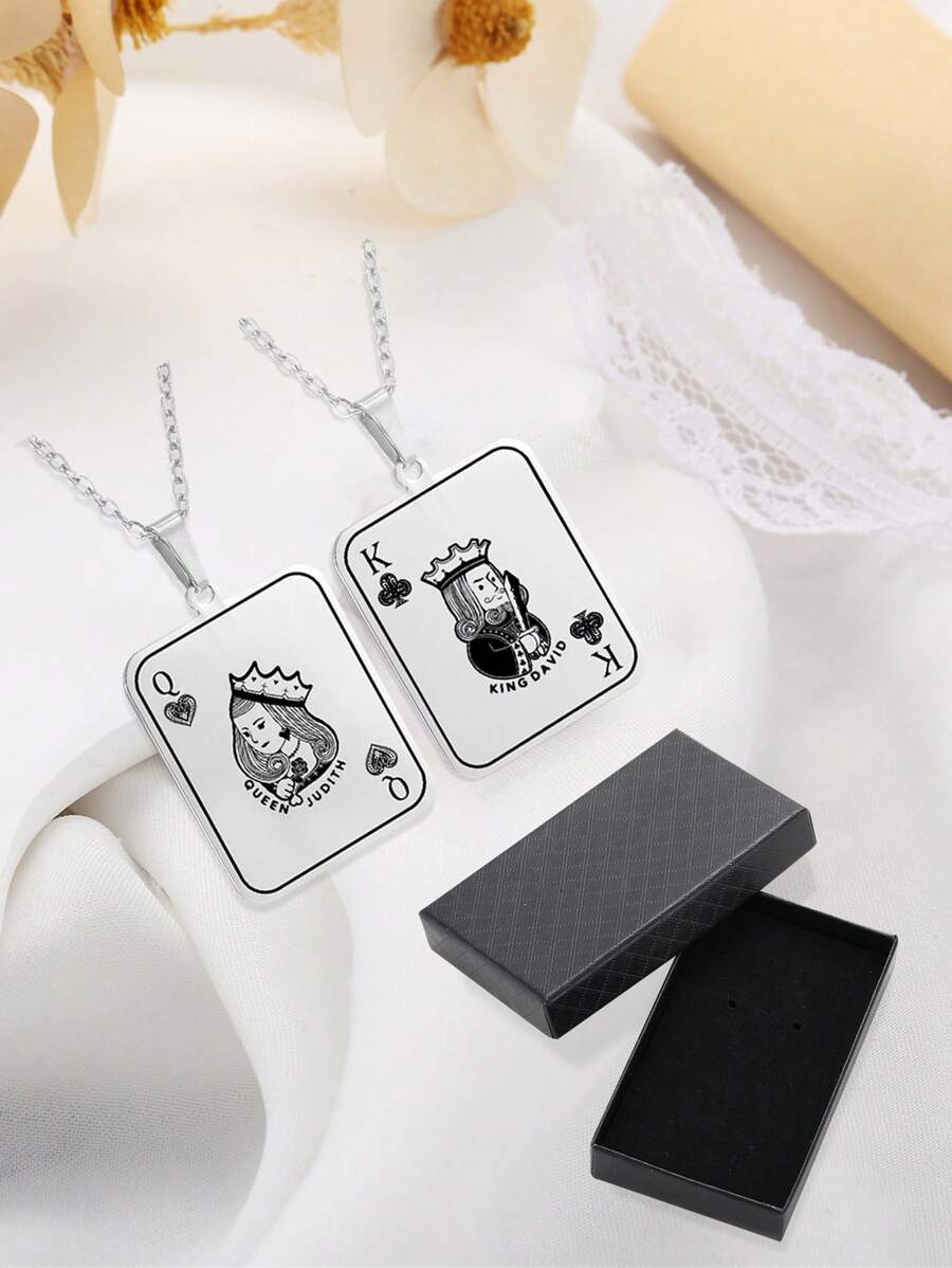 1pc Stainless Steel Heart Of Spades Men's Necklace With Gift Box For Husband Boyfriend Poker Lucky Pendant King Queen For Valentine's Day Necklaces - Necklace - View 1