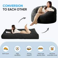 Full/Queen Size Bean Bag Chairs For Adults, 2 In 1 Bean Bag Chairs, Convertible Bean Bag With Filler For Gaming Large Foam, Bean Bags With Washable Soft Corduroy Cover For Living Room - 深灰色 - 查看 8