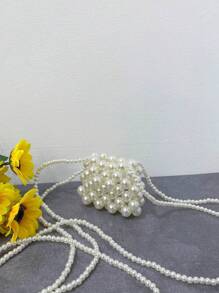 1pc Plastic Beaded Vintage Mini Square Bag Double Strap Pearl Crossbody Bag Suitable For Spring And Summer Daily Use, Perfect Gift Among Friends - Pearl Backpack - View 3