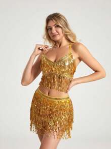 Glitzer-Pailletten-Quasten-Kleid-Sets für Frauen, 2-Teiler Outfit bestehend aus enganliegendem Trägertop und Minirock, funkelnder Fransen-Anzug