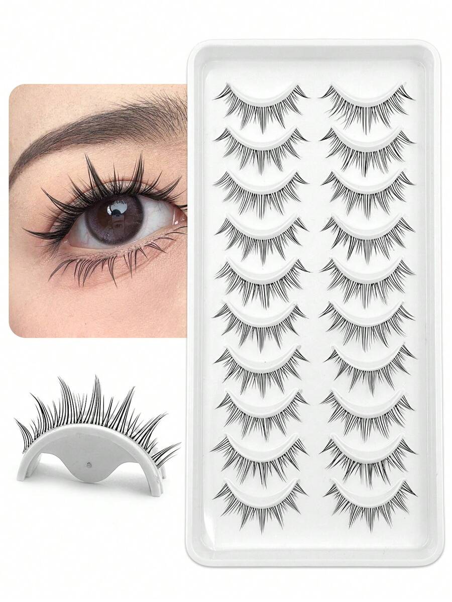 Asiteo 10 Pairs Natural Cartoon Eye Makeup Effect False Eyelashes, Cute Cartoon Effect False Eyelashes With Transparent Stem, Suitable For Daily Or Appointment Use - màu đen - Xem 1