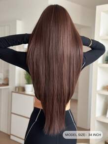 NICKY WALL 超长棕色分层假发，配有齐刘海，合成直发假发，自然柔软，高密度耐热纤维假发，适合时尚女性和女孩日常派对使用，34 英寸