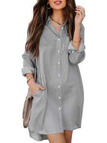 Womens Blouses,Blouses For Women Dressy Casual,Women's Button Up Shirts With Pockets Dresses Cotton Striped Shirts Long Sleeve High Low Shirt Tops - 灰色 - 查看 4