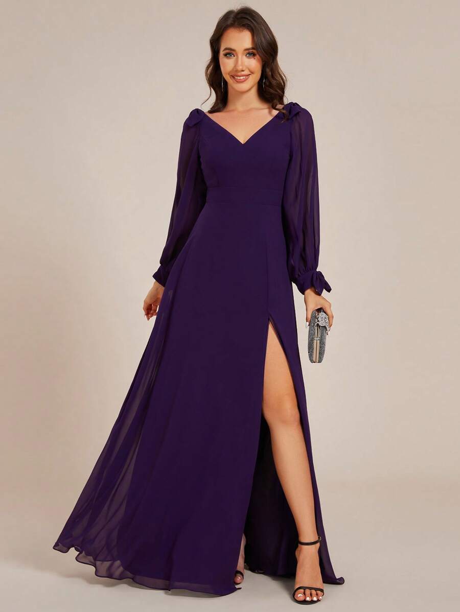 EVERPRETTY Spring Split Sleeve Split Thigh Chiffon Purple Bridesmaid Dress Wedding Guest Gown
