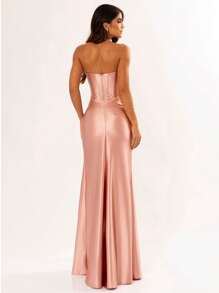 LONG WEDDING PARTY DRESS FOR BRIDESMAID FASHIONISTA STRAPLES WITH SLIT - Rusty Rose - View 2