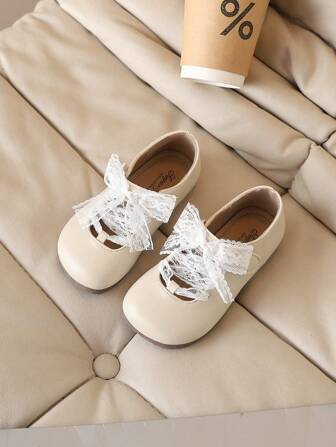 女童蕾丝蝴蝶结装饰公主鞋，软底圆头棕褐色皮革休闲日常鞋，适合春夏季