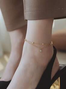 女士时尚简约优雅单水晶球脚链，分层设计，适合度假、派对、日常穿着、礼物 - 金色 - 查看 1