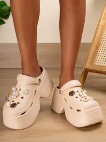 女士镂空鞋，DIY亮片装饰，朋克风厚底镂空设计，舒适花园鞋 - 卡其金色 - 查看 2