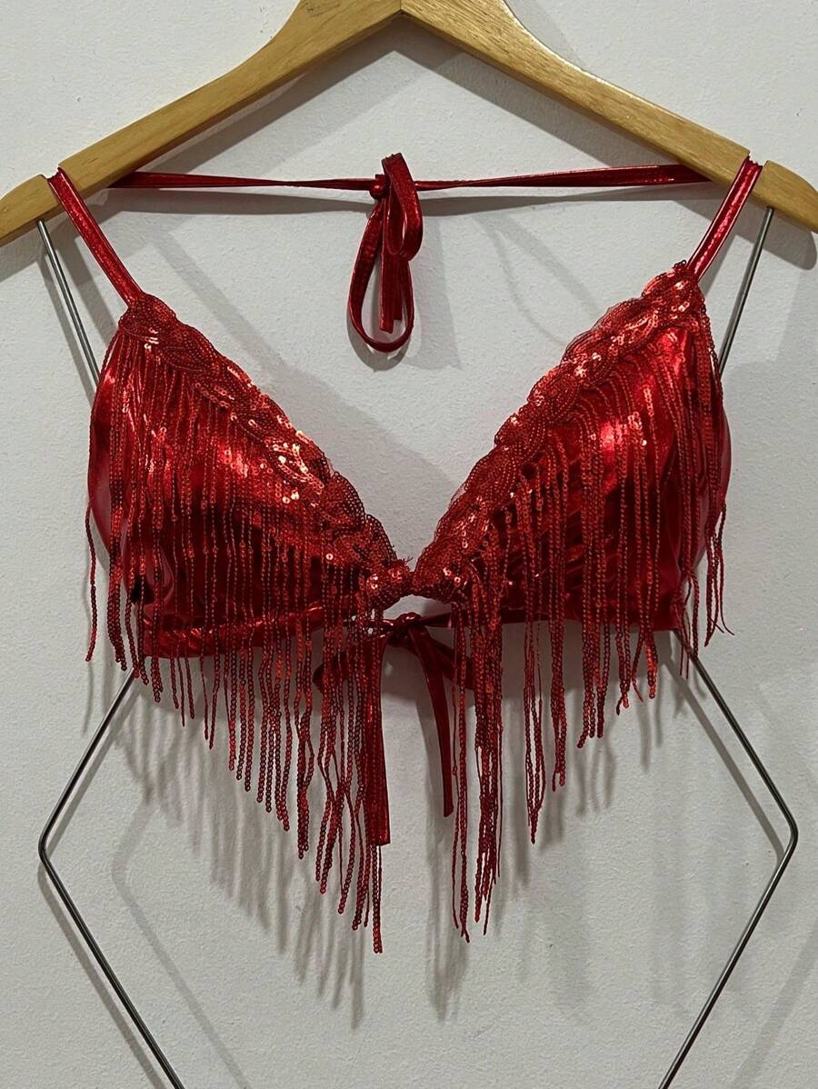 Sexy Metallic Cropped Top With Sequin Fringes With Padding And Backless, V-Neck, Ties At The Back And Neck, Suitable For Holiday Parties, Carnival Fashion, Clubwear, One Size Fits 38-42 - 紅色 - 查看 1