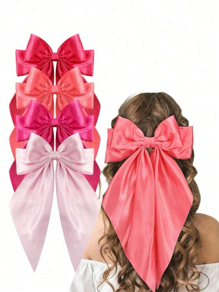 4pcs Women Satin Bow Hair Clips, Solid Color Bowknot Long Ribbon Hairpin Hair Accessories - Multicolor - View 1