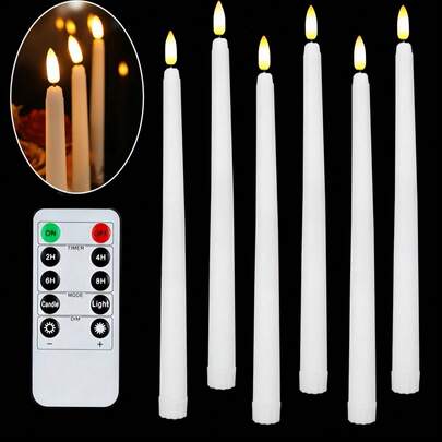6支象牙色LED蜡烛灯，电池供电，无焰闪烁，带遥控器/定时器，锥形暖白光，适用于家居、婚礼、派对、餐桌、万圣节、圣诞节、情人节、礼品、节日装饰