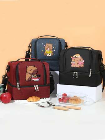 Portable Double Deck Insulated Lunch Bag, Leak-Proof, Suitable For Boy And Girl, Adjustable Shoulder Strap Thermal Cooler Bag, Perfect For Work, Office, Picnic, Beach