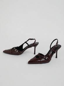 Giày cao gót mũi nhọn thanh lịch, có dây đeo khóa kim loại, da bóng màu đỏ tía, thích hợp cho đám cưới và tiệc tùng - Bordeaux - Xem 5