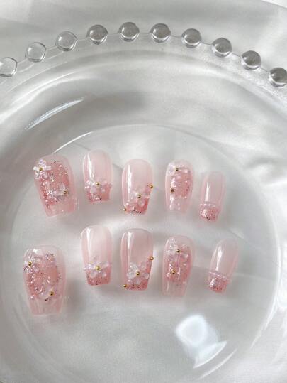 10 Pieces Press Short Nails, Spring And Summer Nail Art, Fake Nails, French Romantic Nail Art DIY Powder Ink French Side Gradient Color Pattern Design White Pink Three-Dimensional Flower Nail Accessories Pink Nails Detachable Reusable Nail Supplies, Can Be Given As A Gift,Nail Kit With Everything