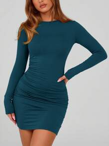 Women Fall Bodycon Dress Long Sleeve Crew Neck Slim Fit Mini Dress Autumn Party Club Cocktail Date Holiday Valentine Short Mini Dress Outfits - 靛藍 - 查看 3