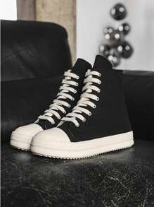 1 双男女通用鞋，尺码说明：（35-39 码建议选小一码），情侣鞋和男士 2025 新款春季厚底增高复古运动高帮帆布鞋，侧拉链，情侣帆布鞋 - 黑與白 - 查看 2